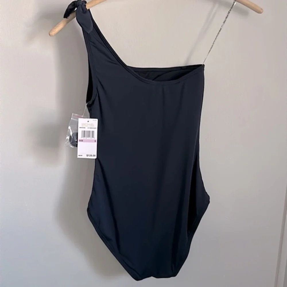 New MICHAEL Michael Kors Asymmetrical One Shoulder Solid Navy Bathing Suit - Picture 8 of 9